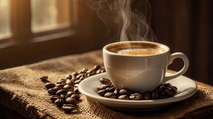 Steaming cup of coffee with roasted beans on burlap by the window