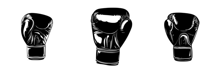 Boxing gloves in flat black style showcasing different angles and designs for sports enthusiasts and fitness themes