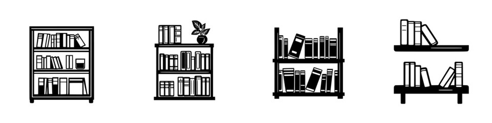 Collection of flat black bookshelf icons representing various styles and arrangements for digital design projects