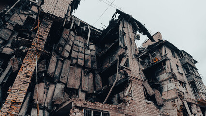 ruined street and destroyed houses in Ukraine