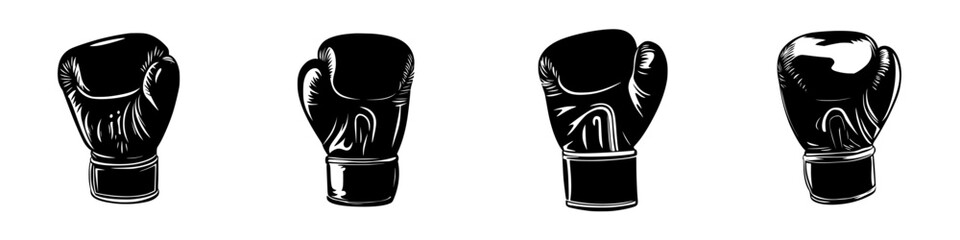 Flat black icon design featuring boxing gloves in various positions, suitable for sports-related graphics and illustrations
