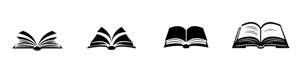 Collection of flat black book icons showcasing different open book designs suitable for various applications