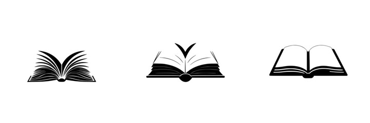 Flat black icons of open books representing reading and knowledge sharing in a minimalist style for educational use