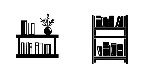 Flat black icons depicting two different bookshelf designs with decorative elements and varying book arrangements