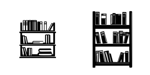 Two flat black icons of bookshelves displaying different book arrangements and designs