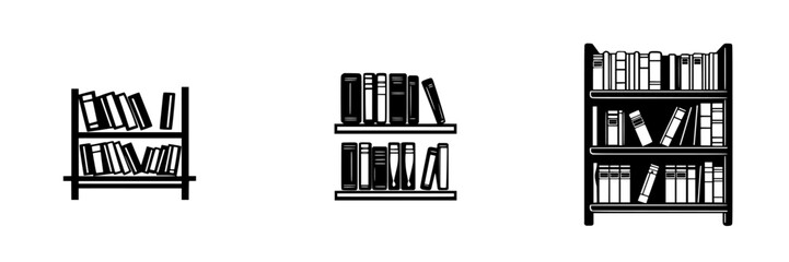 Flat black icons depicting various styles of bookshelves with books arranged on them for library design and decoration ideas