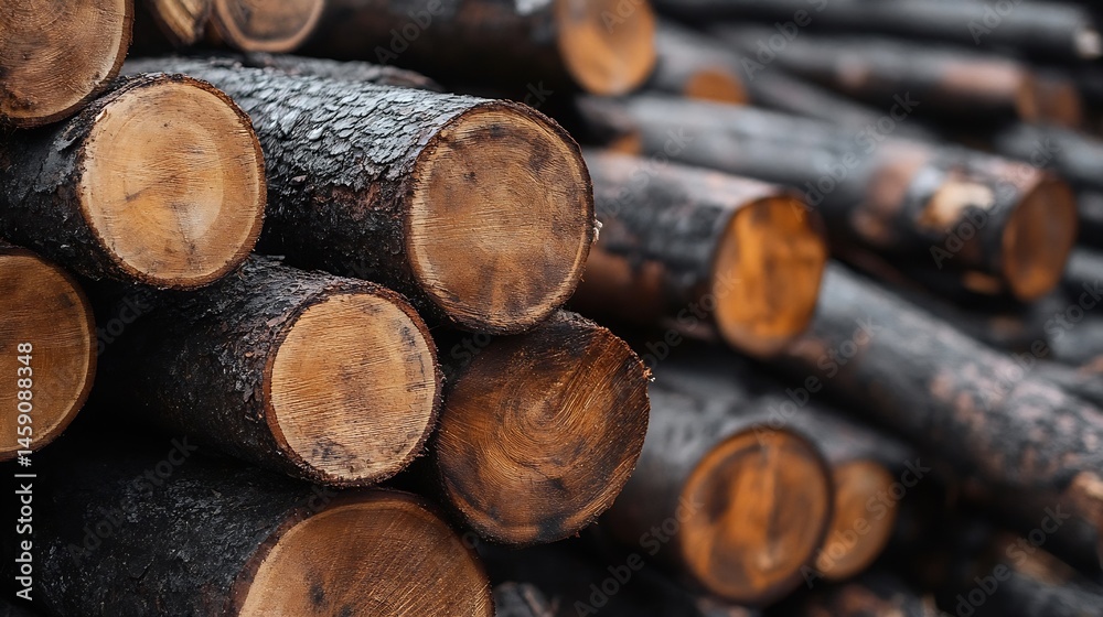 Aufkleber Close-up view of a stack of dark brown and orange wood logs, showing the detailed texture of the tree rings and charred bark.  The image evokes a sense of rustic warmth and natural bea : Generative AI