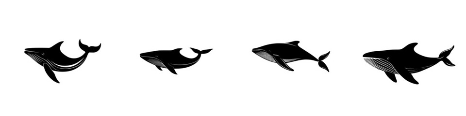 Obraz premium Stylized flat black icons depicting various whale silhouettes in a simple and modern design