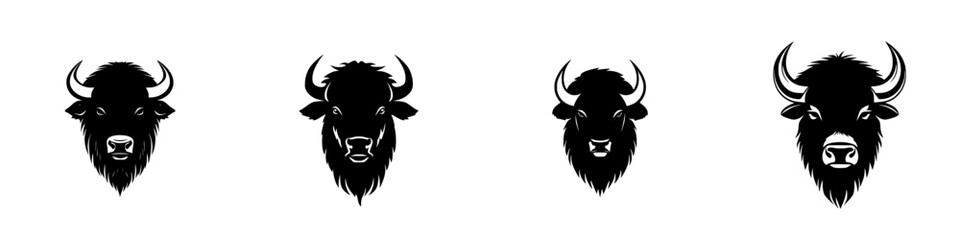 Series of flat black buffalo icons showcasing distinctive features and variations in styling