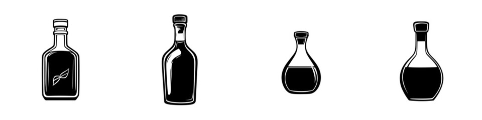 Collection of flat black icons depicting various bottles in different shapes and sizes often used in culinary settings