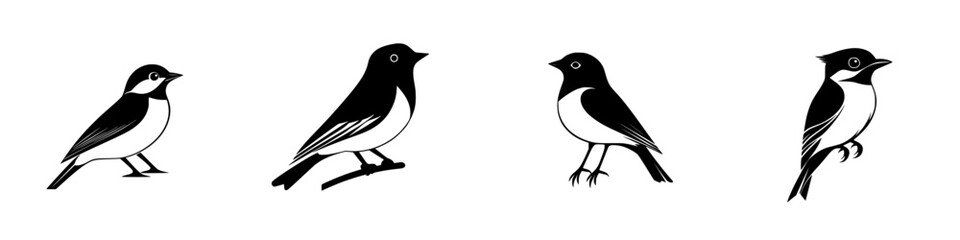 Black icons depicting various bird silhouettes isolated on white background for design and illustration purposes
