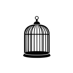 Stylized flat black birdcage icon design featuring a classic structure without a bird, representing freedom and confinement