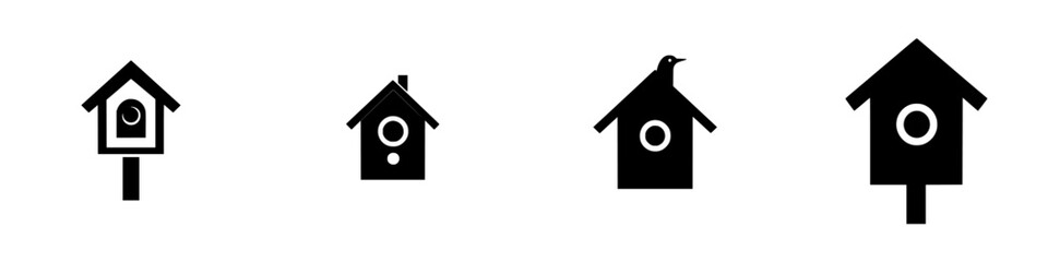 Black icons depicting various styles of birdhouses designed for outdoor settings and home decoration