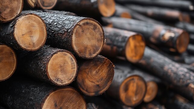 Close-up view of a stack of dark brown and orange wood logs, showing the detailed texture of the tree rings and charred bark.  The image evokes a sense of rustic warmth and natural bea : Generative AI