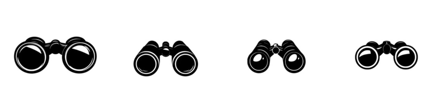 Multiple flat black binocular icons illustrating various designs and sizes for diverse applications in graphic design and visual communication