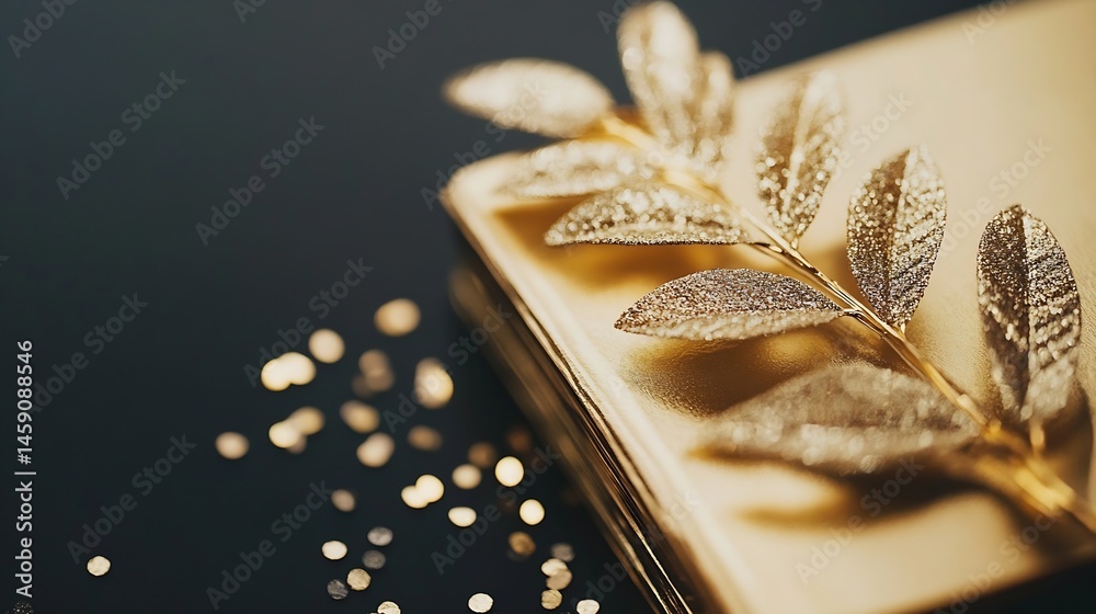 Poster close-up of a gold glitter branch resting on a golden surface, with bokeh gold confetti scattered on