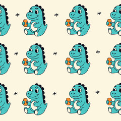Seamless pattern blue dinosaur character