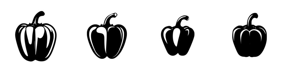 Iconic flat black illustrations of bell peppers varying in size and shape suitable for culinary designs or food-related projects