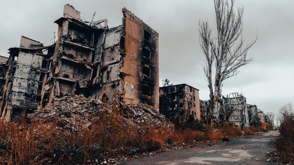 Fototapeta premium ruined street and destroyed houses in Ukraine