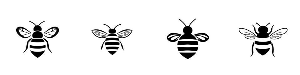 Various flat black bee icons depicting different poses and styles in a minimalist design