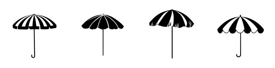 Collection of flat black icons featuring various umbrella designs with striped patterns and classic shapes © Антон Сальников