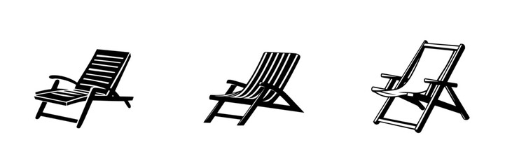 Flat black icons of three different types of deck chairs showcasing varying designs and styles for outdoor relaxation