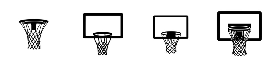 Black icon set showing various basketball hoop designs and their components for use in sports graphics and illustrations © Антон Сальников