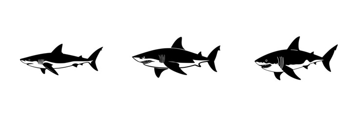 Fototapeta premium Stylized black shark icons showcasing different designs in a flat illustration style