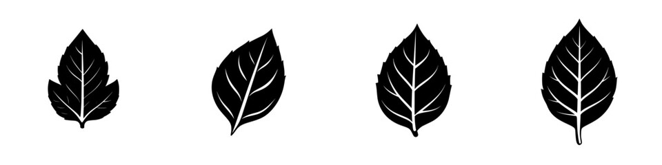 Flat black leaf icons showcasing different styles and shapes suitable for digital design and graphic applications