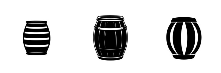 Stylized flat black barrel icons representing traditional storage containers used for various liquids
