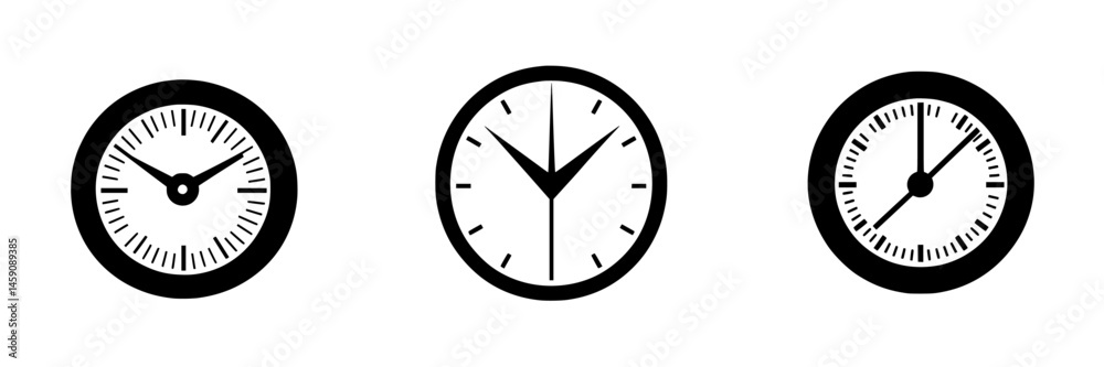 Poster various flat black clock icons representing different time displays and styles suitable for graphic 