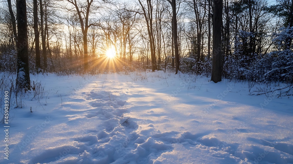 Aufkleber sunbeams illuminate a snow-covered path winding through a tranquil winter forest at sunset, creating