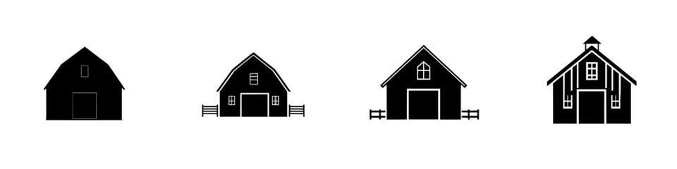 Collection of flat black barn icons representing various styles and designs for rural themes © Антон Сальников