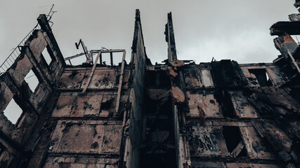 ruined street and destroyed houses in Ukraine