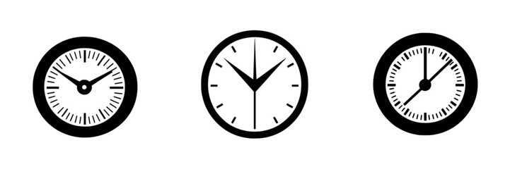 Various flat black clock icons representing different time displays and styles suitable for graphic design and app interfaces