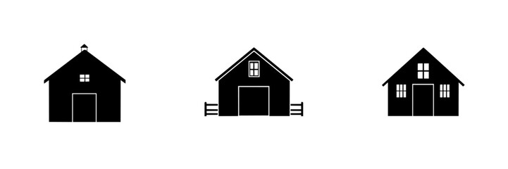 Stylized flat black icons depicting various types of traditional houses and barns in a minimalist design