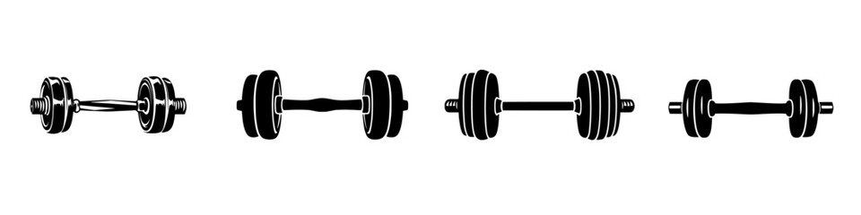 Collection of flat black dumbbell icons representing various weights and styles for fitness and gym activities