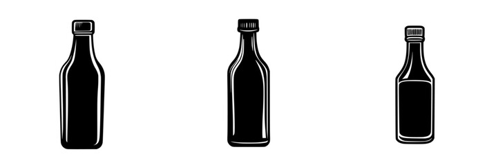 Flat black icon of three bottle silhouettes showcasing diverse shapes and sizes for design purposes