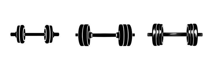 Black icons of weightlifting equipment showcasing different variations of dumbbells arranged in a linear format for fitness concepts