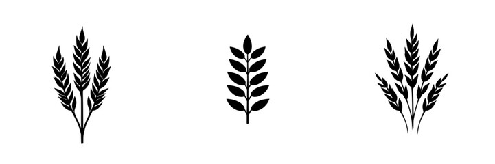 Minimalist flat black icons representing wheat and plant leaves in a simple design for agricultural use