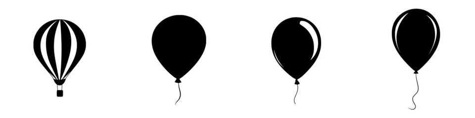 Collection of flat black balloon icons in various styles with a focus on simplicity and design elements for digital use