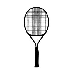 Flat black tennis racket icon on a white background suitable for sports-related design projects and illustrations