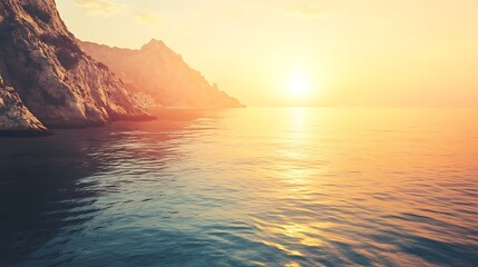 Coastal sunset landscape with cliffs and calm waters