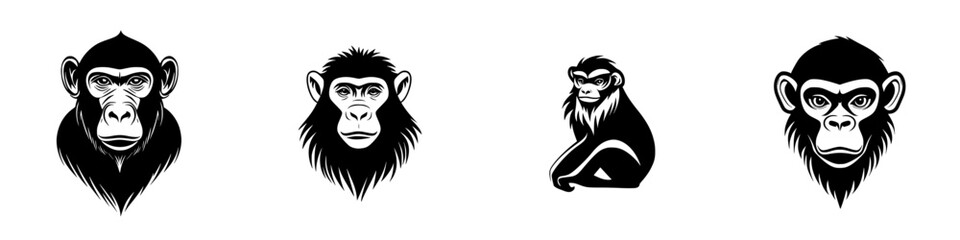Flat black icons depicting various stylized chimpanzees and monkeys showcase their unique features and expressions