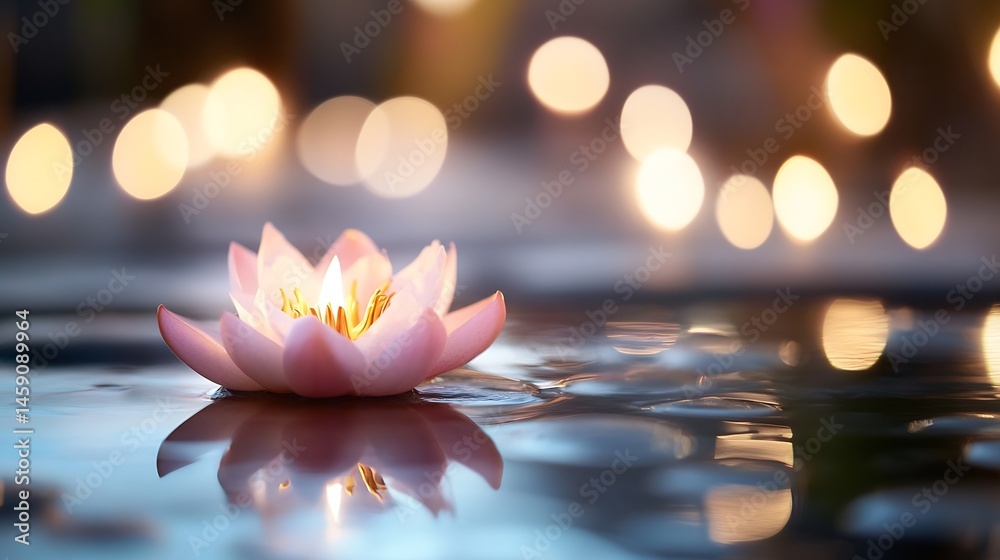 Aufkleber Serene pink water lily floats on calm water, illuminated from within, reflecting in the still surface; soft, warm candlelight bokeh background. : Generative AI