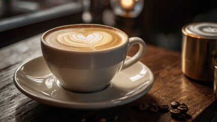 Elegant Hot Coffee in Cozy Cafe with Ambient Lighting and Rustic Interior