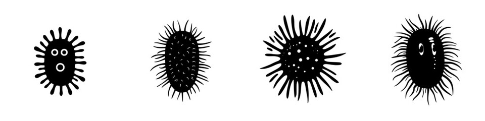 Collection of flat black icons representing various stylized microorganisms in a minimalist design