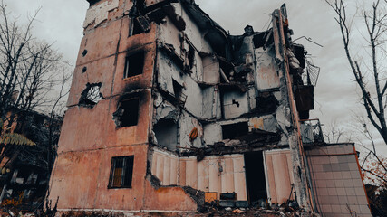 ruined street and destroyed houses in Ukraine