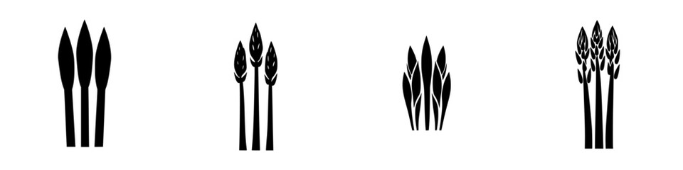 Various flat black icons representing different styles of asparagus in a minimalistic design ideal for culinary themes
