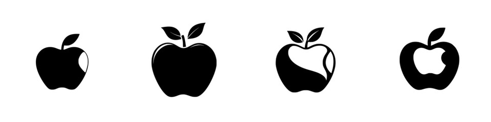 Four variations of a flat black apple icon design showcasing different styles and shapes in a minimalist approach